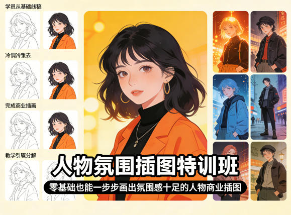 人物氛围插图特训班，零基础也能一步步画出氛围感十足的人物商业插图-源创文化：轻创终点站