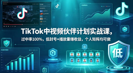 TikTok中视频伙伴计划实战课，过中率100%，低封号+播放量賺收益，个人矩阵均可做-源创文化：轻创终点站
