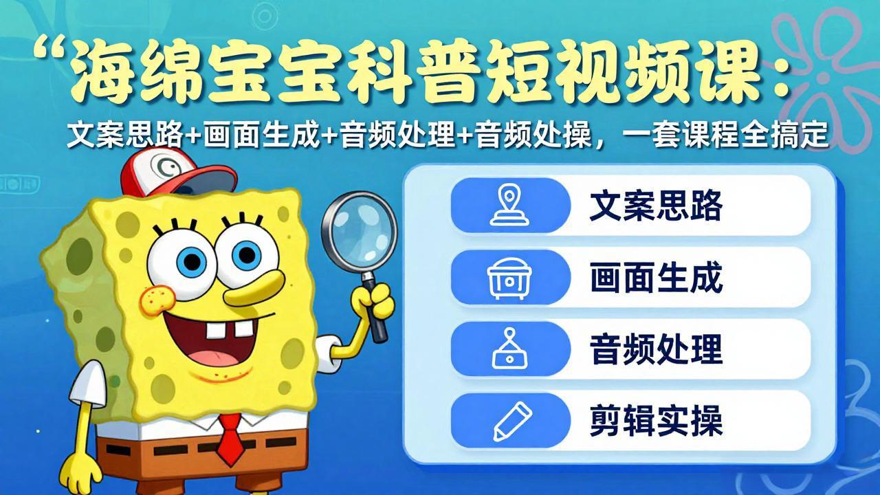 海绵宝宝科普短视频课：文案思路+画面生成+音频处理+剪辑实操，一套课程全搞定-源创文化：轻创终点站