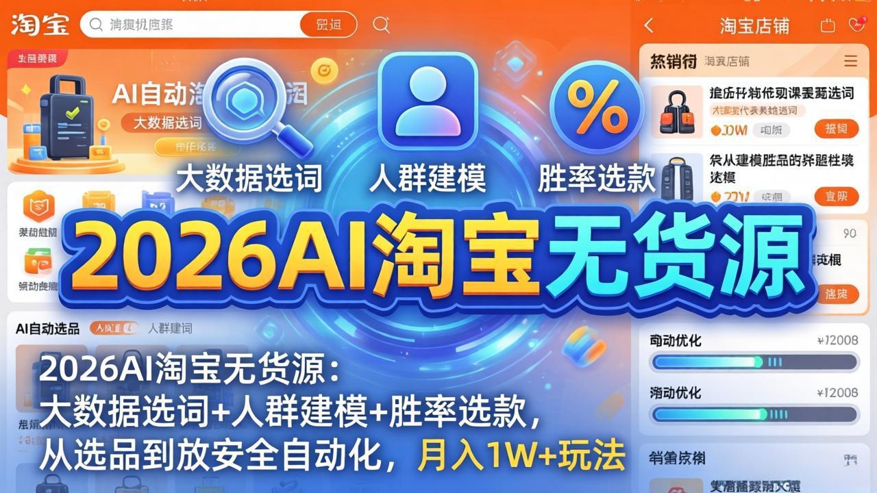 2026AI淘宝无货源：大数据选词+人群建模+胜率选款，从选品到放大全自动化，月入1W+玩法-源创文化：轻创终点站