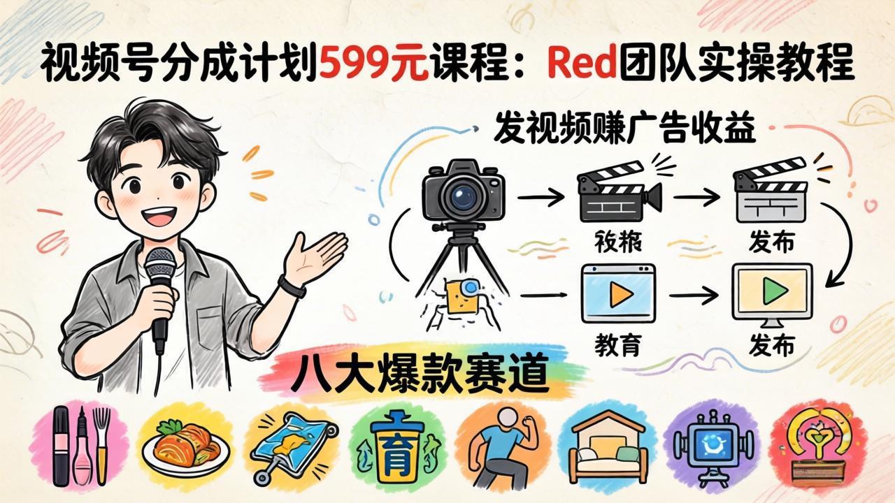 视频号分成计划599元课程：Red团队实操教程，发视频赚广告收益，八大爆款赛道全掌握-源创文化：轻创终点站