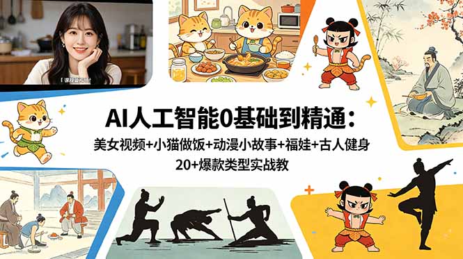 AI人工智能0基础到精通：美女视频+小猫做饭+动漫小故事+福娃+古人健身，20+爆款类型实战教学-源创文化：轻创终点站