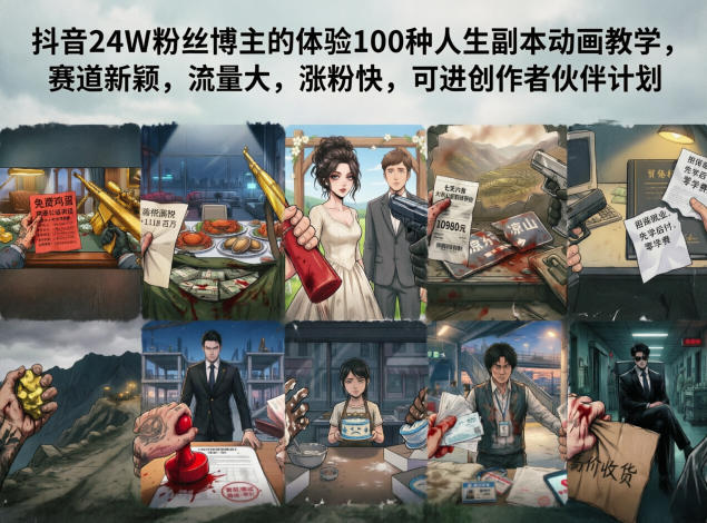 抖音24W粉丝博主的体验100种人生副本动画教学,赛道新颖,流量大,涨粉快,可进创作者伙伴计划-源创文化:轻创终点站