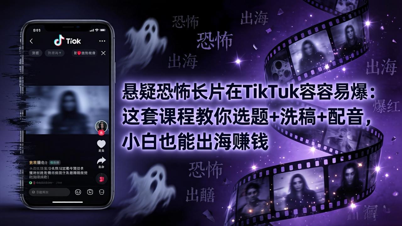 悬疑恐怖长片在TikTok最容易爆：这套课程教你选题+洗稿+配音，小白也能出海赚钱-源创文化：轻创终点站