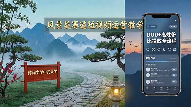 风景类赛道短视频运营教学：诗词文学中式美学，新号养号对标账号定位，DOU+高性价比投放全流程-源创文化：轻创终点站