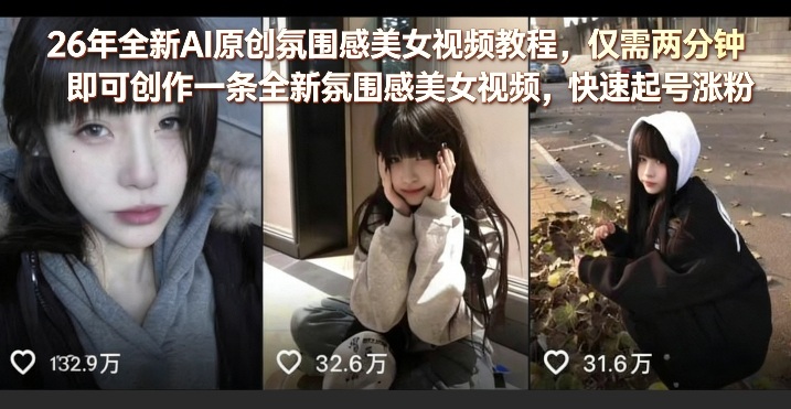 26年全新AI原创氛围感美女视频教程，仅需两分钟即可创作一条全新氛围感美女视频，快速起号涨粉-源创文化：轻创终点站