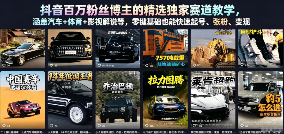 抖音百万粉丝博主的精选独家赛道教学，涵盖汽车+体育+影视解说等，零基础也能快速起号、涨粉、变现-源创文化：轻创终点站