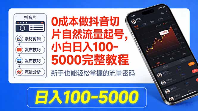 0成本做抖音切片自然流量起号，小白日入100-5000完整教程-源创文化：轻创终点站