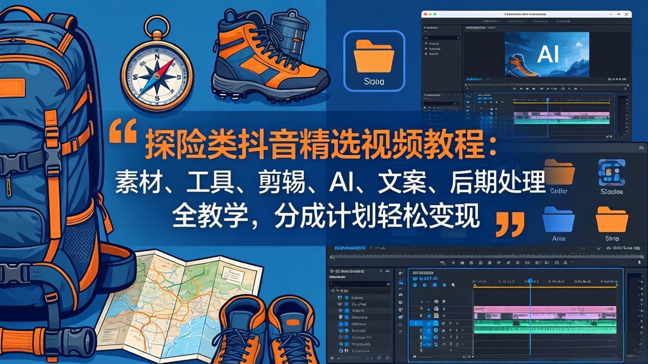 探险类抖音精选视频教程：素材、工具、剪辑、AI、文案、后期处理全教学，分成计划轻松变现-源创文化：轻创终点站