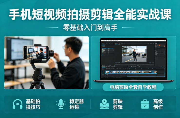 手机短视频拍摄剪辑全能实战课：零基础入门到高手，稳定器运镜+电脑剪映全套自学教程-源创文化：轻创终点站