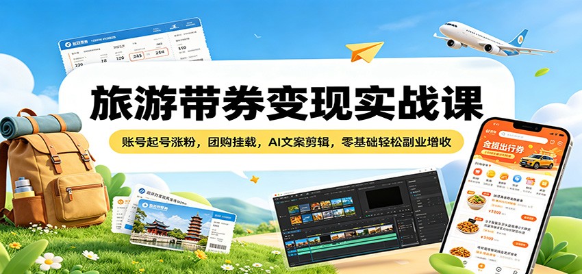 旅游带券变现实战课：账号起号涨粉，团购挂载，AI文案剪辑，零基础轻松副业增收-源创文化：轻创终点站