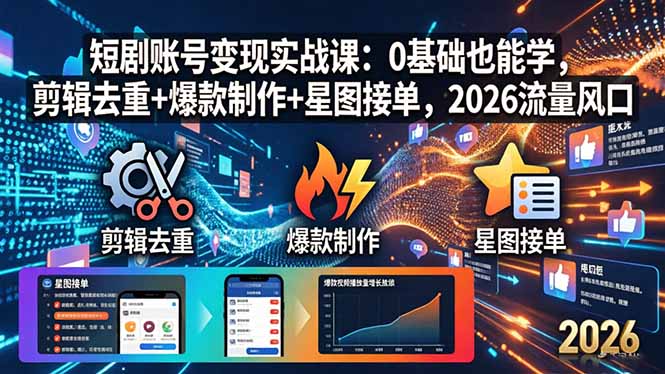 短剧账号变现实战课：0基础也能学，剪辑去重+爆款制作+星图接单，2026流量风口-源创文化：轻创终点站