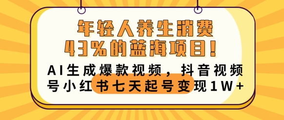 年轻人养生消费43%的蓝海项目，AI生成爆款视频，抖音视频号小红书七天起号变现1w-源创文化：轻创终点站